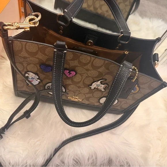 Coach x Disney Brown Signature Tote with Black Trim and Disney Patch Accents - Picture 3 of 12